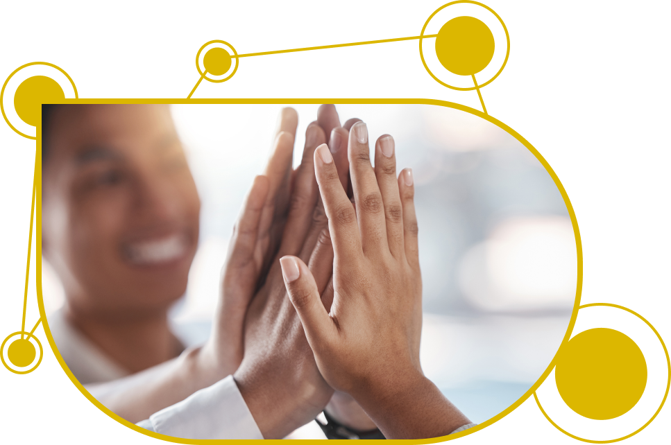 4 hands raising their hand to form a high five