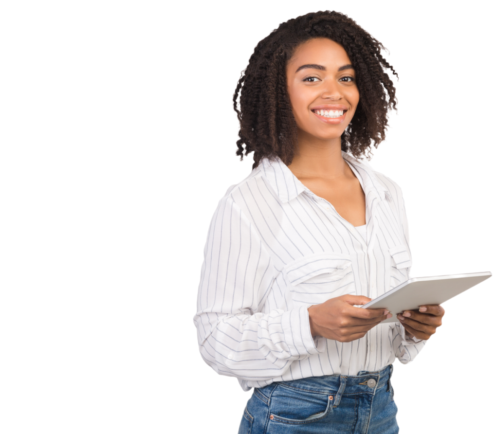 woman holding tablet